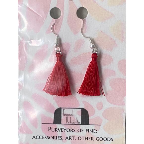 Red tassel earrings fish hook silver metal wires w 1.5 in drop medium great gift - Picture 3 of 4
